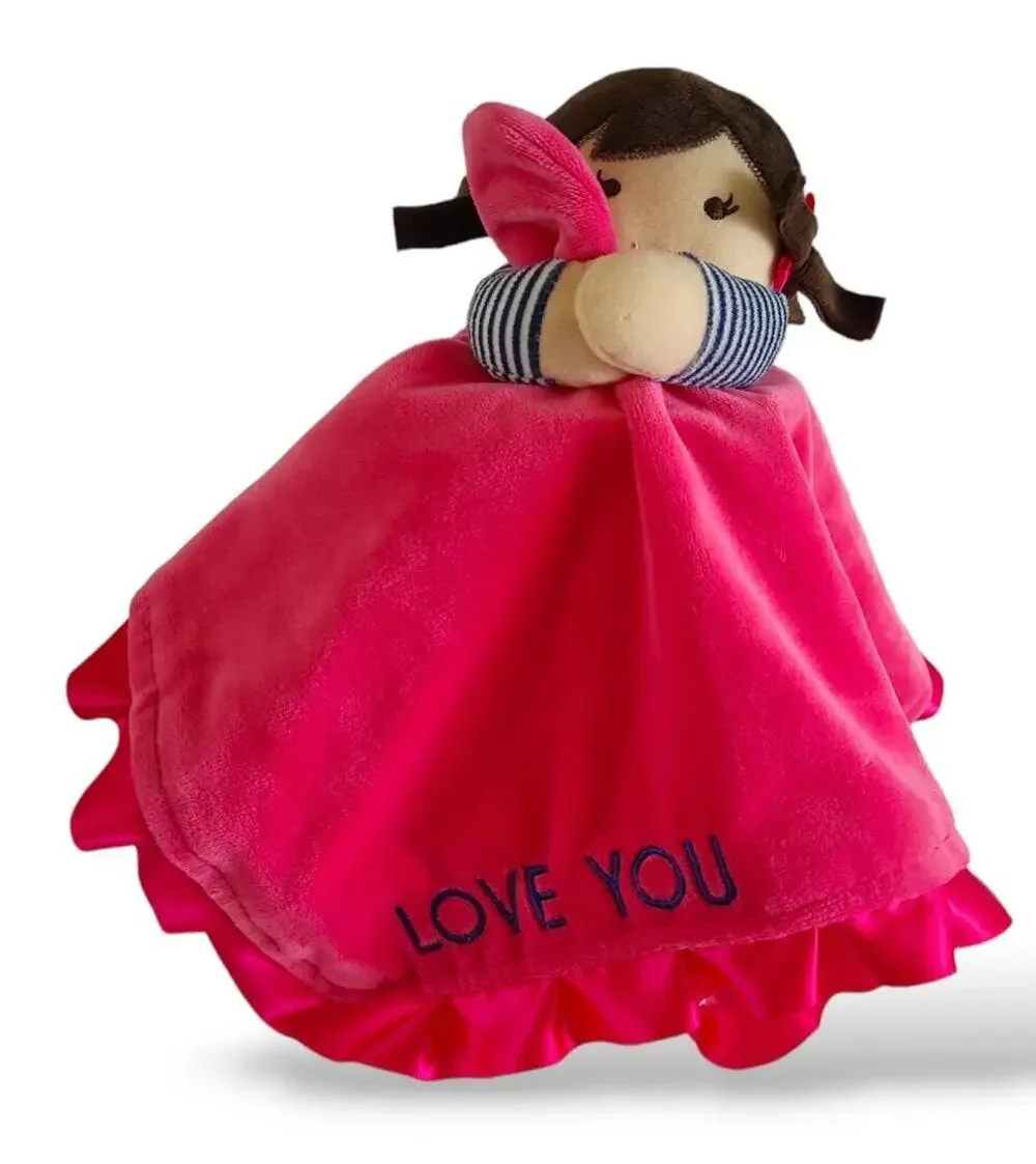 Carters Lovey Love You Pink Ruffle Satin Security Blanket Rattle Plush Brunette